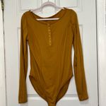 Free People  Sloane Bodysuit Long Sleeve Snap V Neck Ribbed Amber Size L Mustard Photo 3