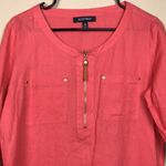 Ellen Tracy  Women’s Linen Quarter Zip Gold-Colored Tassel Coral Hi-Low Blouse Photo 1