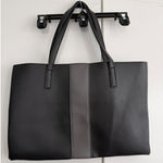 Vince Camuto  Black Faux Leather Tote Bag with Gray Stripe‎ Accent Photo 0