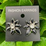 NEW Black & Silver Flower Earrings w/ Rhinestone for Pierced Ears Photo 1
