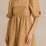 Storia  Puff Sleeve Mini Babydoll Dress Tan Floral Textured Square Neck Sz Small Photo 0