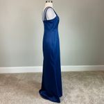XScape  Satin Double Strap Column Evening Gown Blue Size 4 Sleeveless Thigh Slit Photo 4