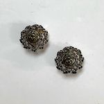 Vintage Mazer clip on earrings with textured center stone jeweled leaf border Silver Photo 1