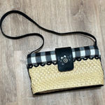 AMERICAN ANGEL | Black Leather and Woven Straw Handbag w/ Checkered Pattern Photo 0