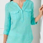 Talbots linen band collar popover cross dye bright green and yellow shirt size M Photo 0