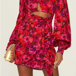 For Love & Lemons  ‘Lauren’ Red Floral Long Sleeve Front Cut Out Mini Dress Small Photo 0