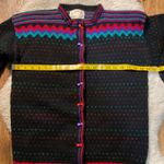 Handmade Cardigan Sweater Size Medium Knitted Black Colorful Bow Buttons‎ Womens Photo 4