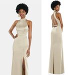 NEW Lovely High Neck Backless Maxi Dress With Slim Belt, Champagne Size 2, $242 Gold Photo 1