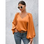SheIn  Privé Lantern Sleeve Solid Blouse in Orange - Size M Photo 1