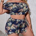 SheIn VCAY Plus Tropical Print Off Shoulder Overlay Crop Top & Shorts 0XL Photo 0