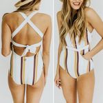 Nani Swimwear One Piece Swimsuit Size Medium Retro Stripe Modest Crisscross Back White Photo 15