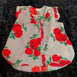 Hint of Blush Red Rose Green Leaf Striped Ruffle Cap Sleeve Front Tie Blouse Med Photo 2