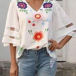 Women 3/4 Sleeve Floral Chiffon Tops Casual White Size M Photo 1