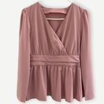 None Boho V-neck Blouse Long Sleeve Peplum Top pink puff sleeve women’s med and L Photo 0