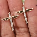 Gold Filled Huggie Hoop Earrings Cross with Wings CZ Accent Photo 2