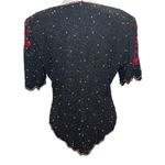 Laurence Kazar  Vintage Black Beaded Sequin Holiday Top Blouse XL Poinsettia Xmas Photo 2