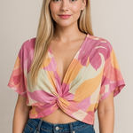 Garage  Puff Sleeve Tie Front Crop Top Pink and Orange Photo 0