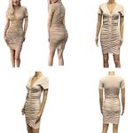 Beyove Ruched Bodycon Ribbed V Neck Button Front Short Sleeve Mini Dress Small Tan Photo 1