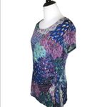 S Levine Blue Multicolor Peacock Short Sleeve Faux Wrap Casual Top M Pink Size M Photo 3