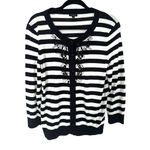 Talbots Womens Button Cardigan Sweater Beaded Black White Stripe Size Medium Photo 0