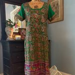 Handmade Boho Green Multicolored Embroidered Mirrored Paisley Print Midi Dress Photo 4