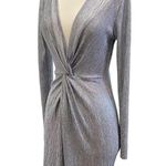 Long Sleeve Plunge V Neckline Metallic Shimmer Mini Dress Silver Size M Photo 4