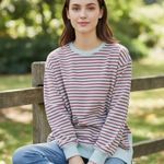 C&C California  women’s slouchy oversized striped sweatshirt teal red Sz XLarge Photo 2