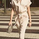 EXPRESS Beige Satin Utility Jumpsuit Overalls Size L Photo 0