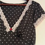 Elegant Black Polka Dot Dress with Lace Trim Size M Photo 1