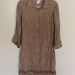 Gerard Darel | Silk Crinkle Button Down Shirt Dress Tan Black Print S Photo 0