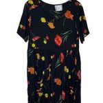 VINTAGE Dressing Clio Black Floral Dress Short Sleeve Pockets Size Medium USA Photo 3