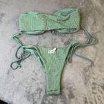 Zaful Bikini Set Womens Medium Green Smocked Bandeau Top Side Tie Swimwear Photo 4