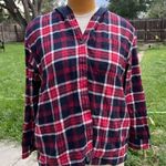 Eddie Bauer Classic Navy Cotton Garment Hooded hoodie jacket Large L Plaid Women's blue red Photo 2