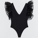 ZARA Bodysuit Top Medium Black Fairy Balletcore Organza Ruffled Sleeve Blouse Photo 1