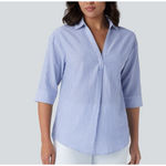 Halara  V Neck Long Sleeve Work Blouse Half Sleeve Blue Stripe Seersucker Size L Photo 2