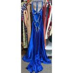 Tony Bowls  Paris Pageant Gown Prom Wedding Sapphire Blue Jeweled Halter Train  6 Photo 3