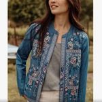 J Jill Floral Embroidered Denim Open Front Jacket Women’s Sz S Boho Hippie EUC Blue Photo 0