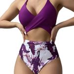 Tropical Print Halter One Piece Monokini Swim Suit Large Wrap Purple Floral Photo 4