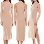 WAYF Twin Flame Nude Cold Shoulder High Neck Midi Dress Large NEW Photo 1