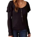 Free People  On Rewind Jersey Black Knit Top Blouse Ruffle Long Sleeves V-Neck XS Photo 0