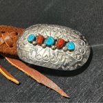 Thomas Carved Sterling Silver Turquoise Coral Navajo Tobacco Suede Belt Blue Photo 4