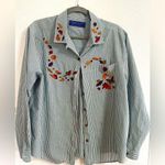 Karen Scott Embroidered Gray/White Striped  Button Down Blouse fall embroidered pattern L Photo 0