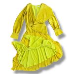 Chartreuse Pleated Wrap Dress Long Sleeve Asym Hem Midi Yellow Women Gold Size M Photo 7
