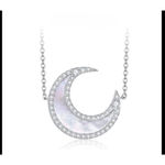 Boutique NEW Women's Opal Moon Pave Diamond Simulant Necklace 925 Silver White 16-18” Photo 4