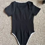 OQQ Black Short Sleeve White Trim Notch Neck Tummy Control Bodysuit Womens Large Photo 4