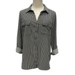 Adrienne Vittadini Button Up Shirt Black White Striped Long Tab Sleeve Size S Photo 4
