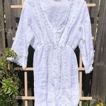Valentina Naldi 100% Linen White Long Sleeve Scalloped Lace Swim Coverup Dress L Size L Photo 0