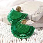 Emerald Beaded Raffia Statement Earrings Green Photo 3