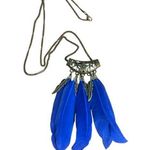 Boho Antique Gold Royal Blue Feather Pendant Necklace Feather Dangles Slide 28" Photo 0