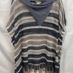 Democracy women's tan gray knit cowl neck tassel crocheted sweater poncho large Photo 0